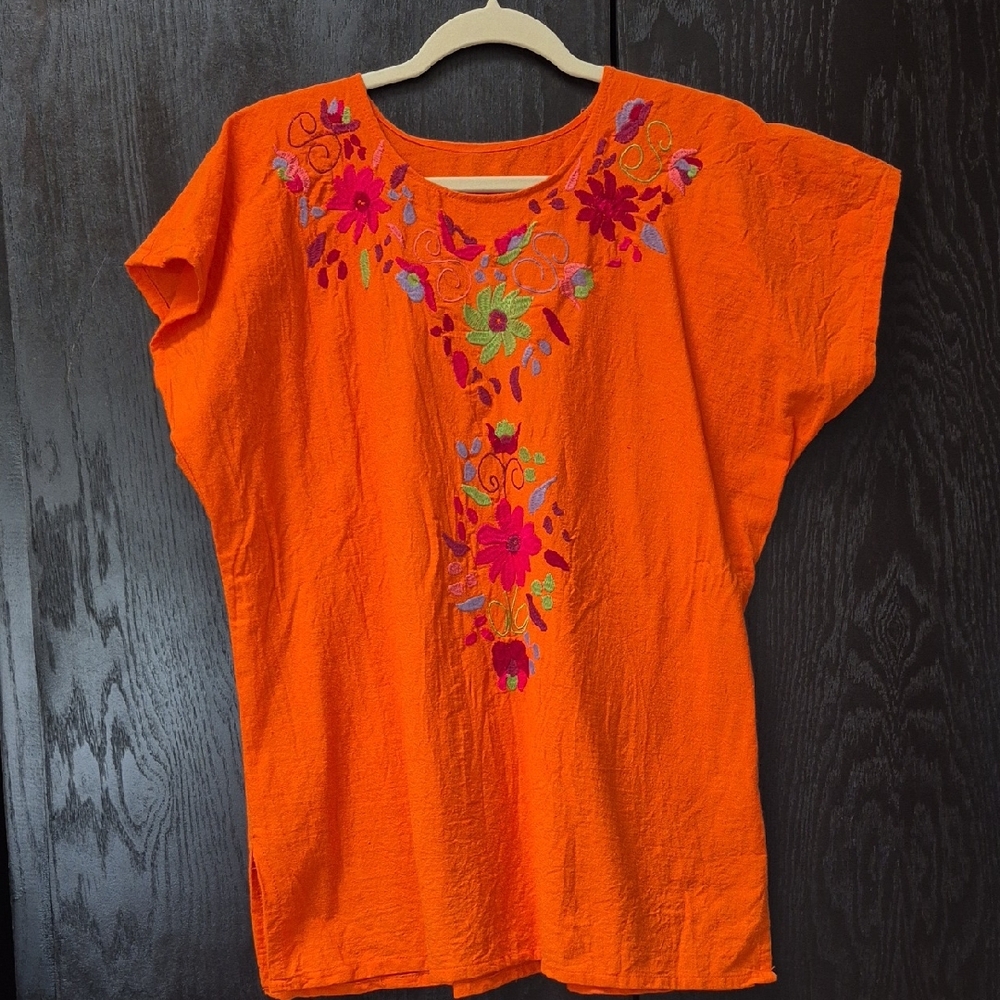 Orange Embroidered Mexican Women's Top sz Large